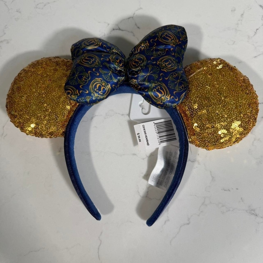 Disney Parks Club 33 Mickey Ears Headband Gold Sequin Blue Bow Exclusive NWT